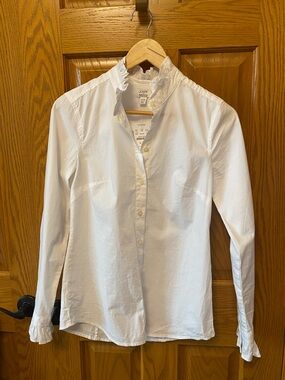 J.Crew White Cotton Blend Button-Down Shirt with Ruffle Trim